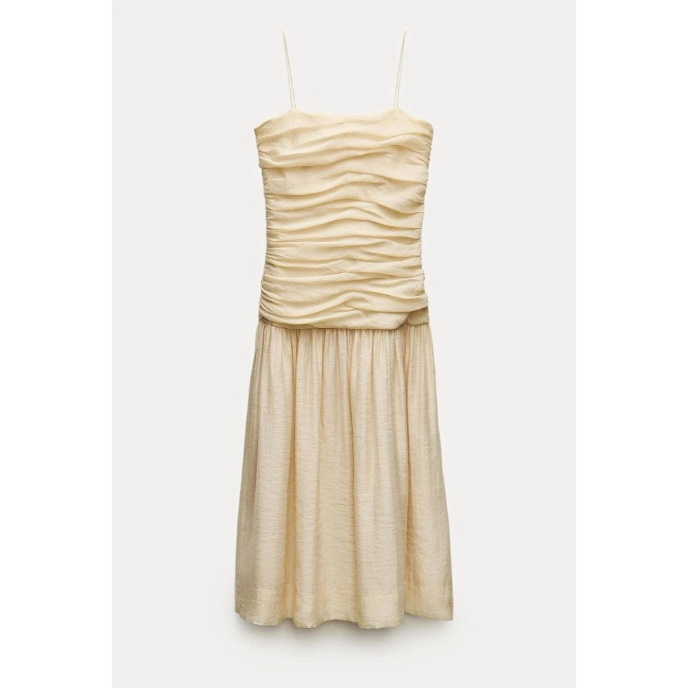 Zara ZW Collection Draped Ruched Midi Dress Pale Yellow Spaghetti Strap / Size M